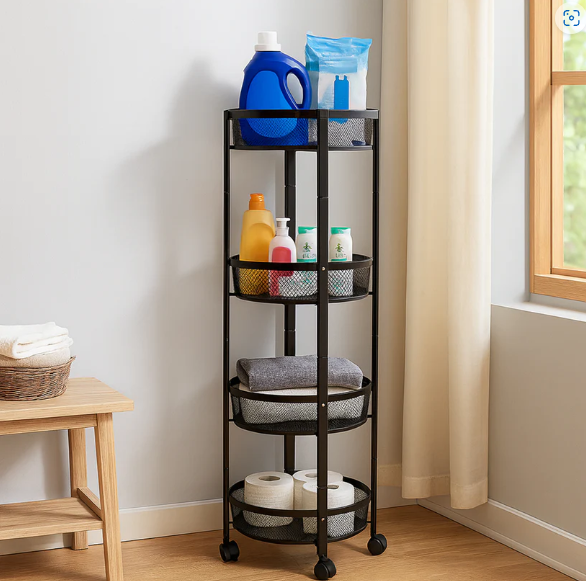 4-Layer Round Metal Mesh Storage Trolley with Wheels