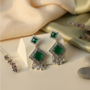 Oxidised Indian Earrings – Traditional Dangler with Green Monalisa Stones