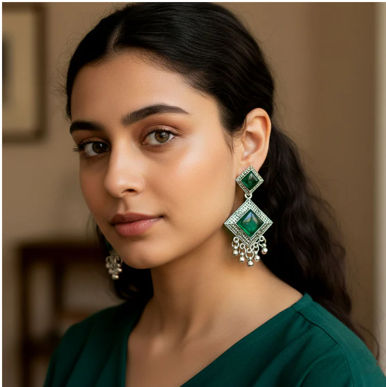 Oxidised Indian Earrings – Traditional Dangler with Green Monalisa Stones - Image 2
