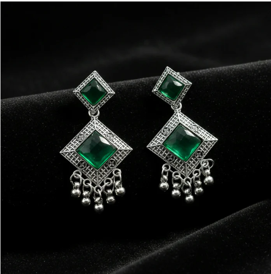 Oxidised Indian Earrings – Traditional Dangler with Green Monalisa Stones - Image 3