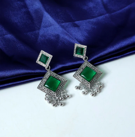 Oxidised Indian Earrings – Traditional Dangler with Green Monalisa Stones - Image 4
