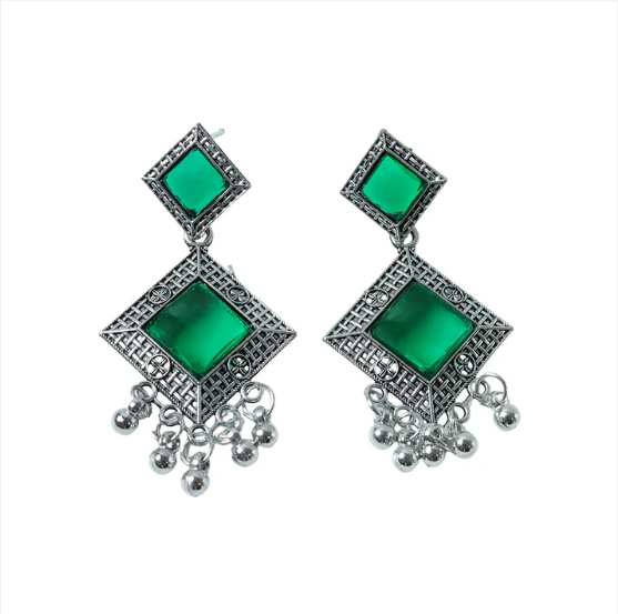 Oxidised Indian Earrings – Traditional Dangler with Green Monalisa Stones - Image 5