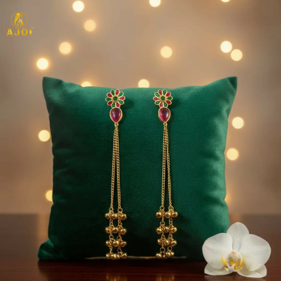 Kashmiri Gold Plated Long Chain Drop Earrings – Elegant Red & Green Stones