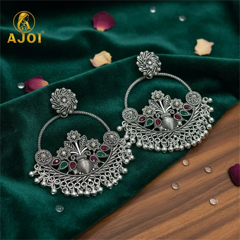 Oxidised Silver Chandbali Earrings – Floral Design with Color StonesOxidised Silver Chandbali Earrings – Floral Design with Color Stones