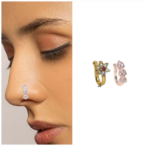 Triple Cluster No Piercing Nose Ring - Gold & Rose Gold Combo Pack