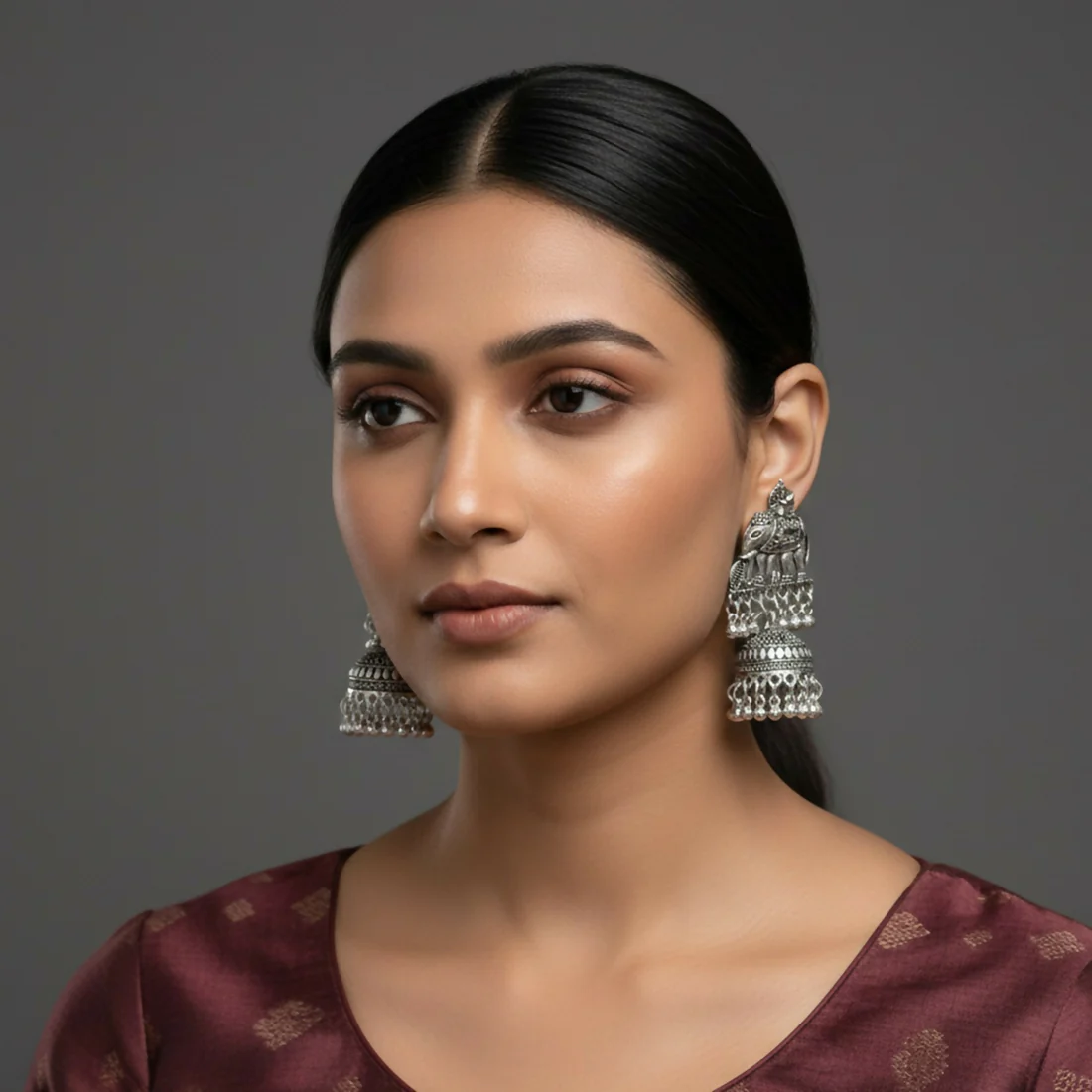 Elephant Jhumka Earrings – Traditional Silver Finish for Ethnic Wear - Image 2