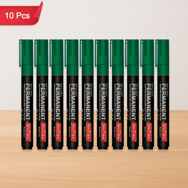 Green Permanent Marker Pen – Refillable, Bold Ink 10 Pack