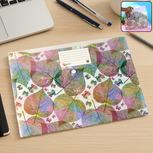 Printed A4 Document Folder – Leaf Design with Button Closure