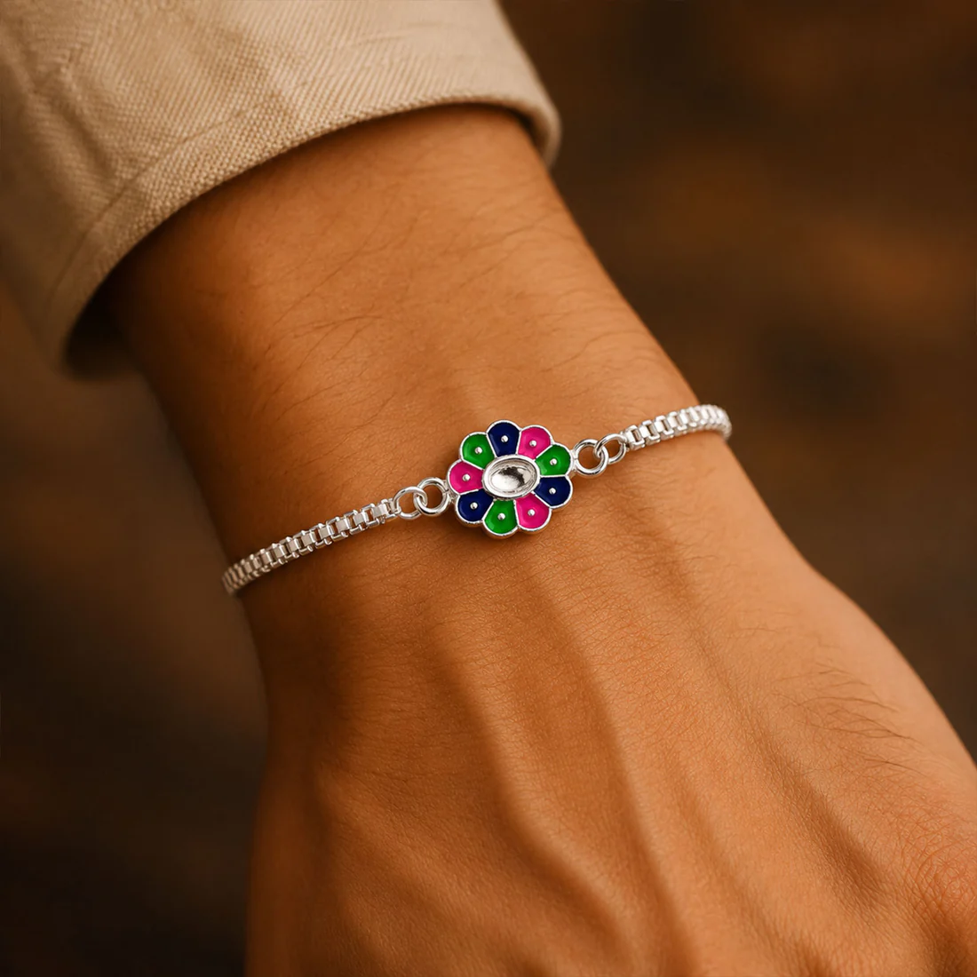 Flower Design Rakhi – Enamel Work Bracelet for Rakshabandhan - Image 4