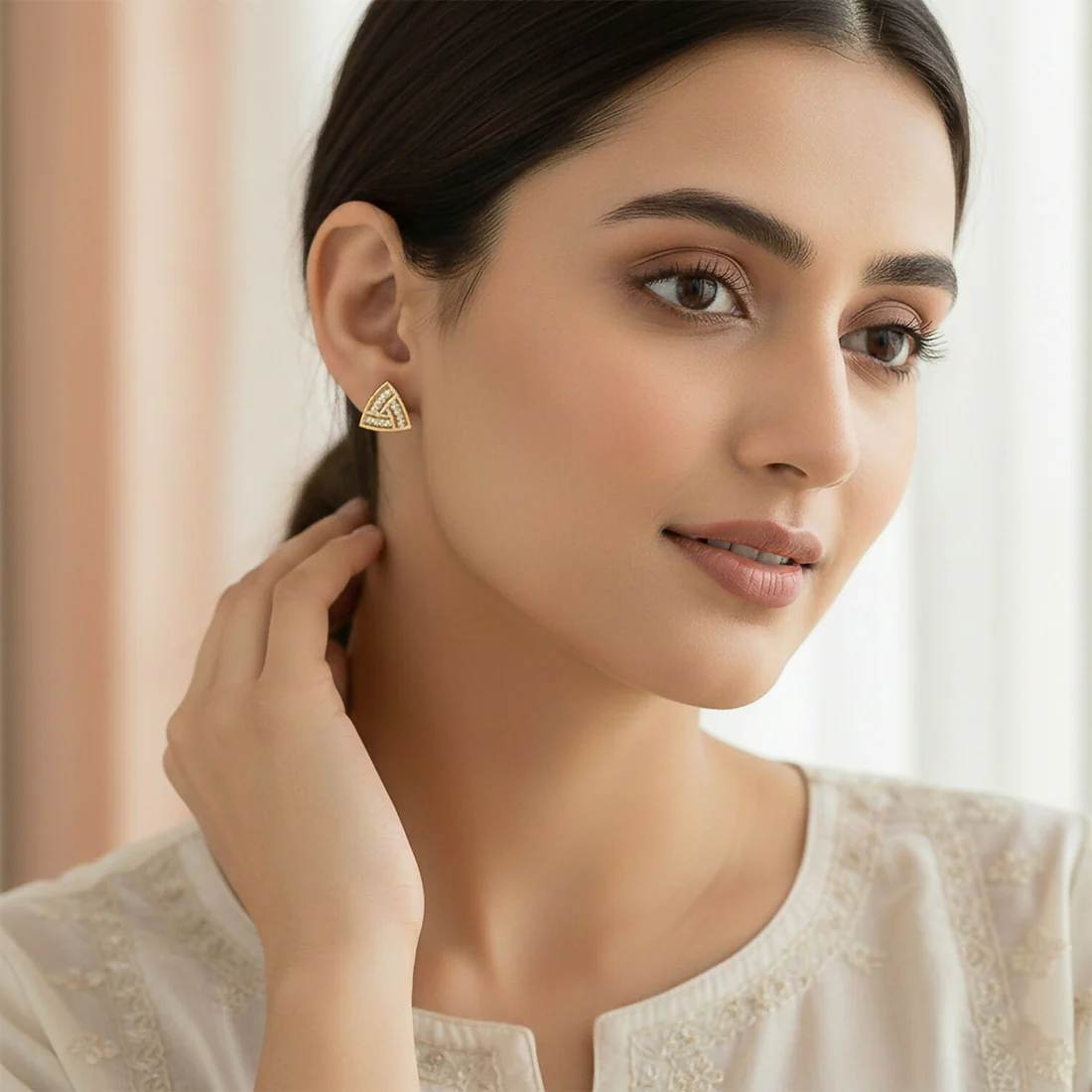 Triangle CZ Stud Earrings Gold Finish – Elegant Daily Wear - Image 2