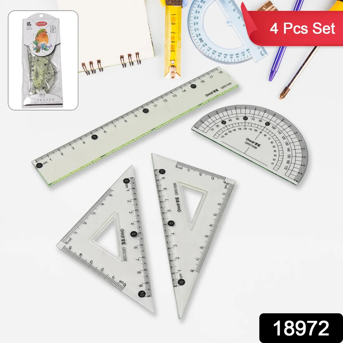 Geometry Set – 4-Piece Transparent Plastic Ruler Kit