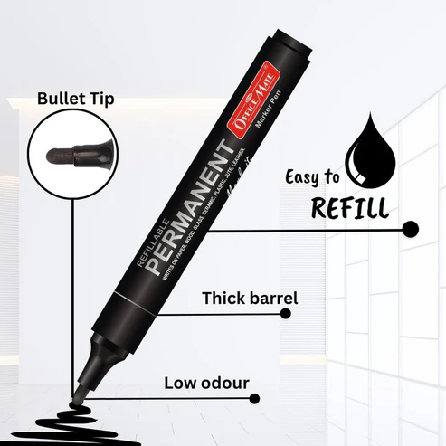 Refillable Permanent Black Marker Set – Waterproof Bullet Tip (10 Pcs)