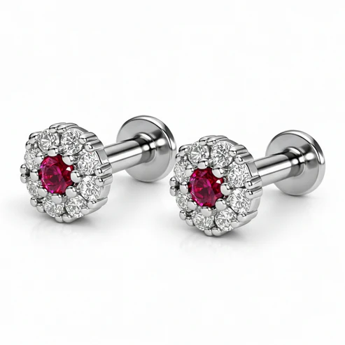Ruby Floral Halo Nose Pin – Silver-Plated Comfortable Labret Stud
