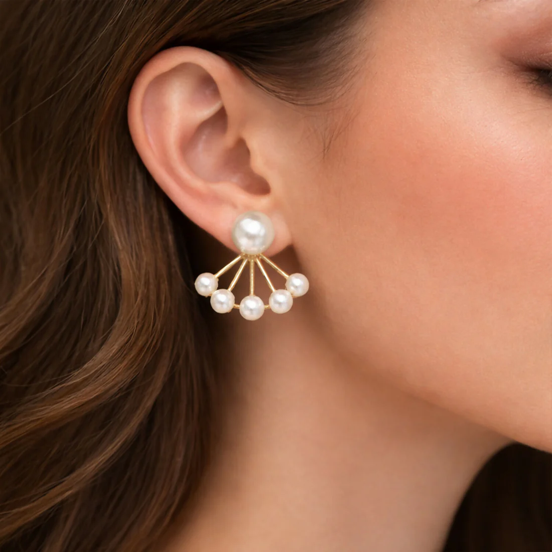 Pearl Stud Earrings – Elegant Korean Fan Design for Women - Image 3
