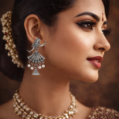 Oxidised Jhumka Earrings – Unique Doll Design with Pearl Drops