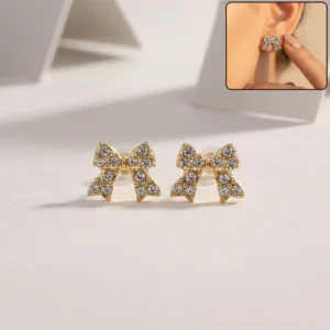 Crystal Bow Stud Earrings – Elegant Gold Plated Rhinestone Design