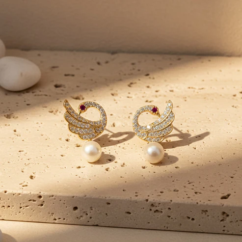 Pearl Drop Swan Stud Earrings – Elegant Crystal & Gold Finish - Image 2
