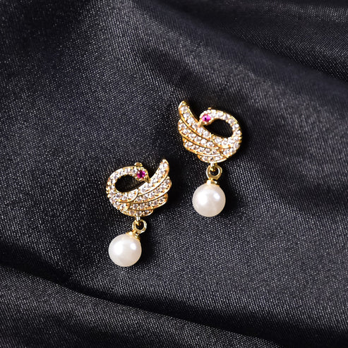 Pearl Drop Swan Stud Earrings – Elegant Crystal & Gold Finish - Image 3