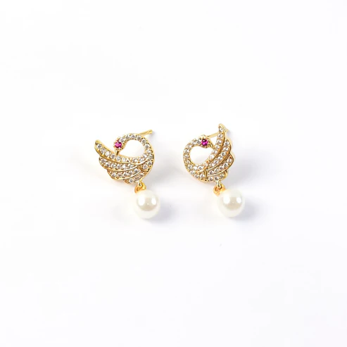 Pearl Drop Swan Stud Earrings – Elegant Crystal & Gold Finish - Image 4