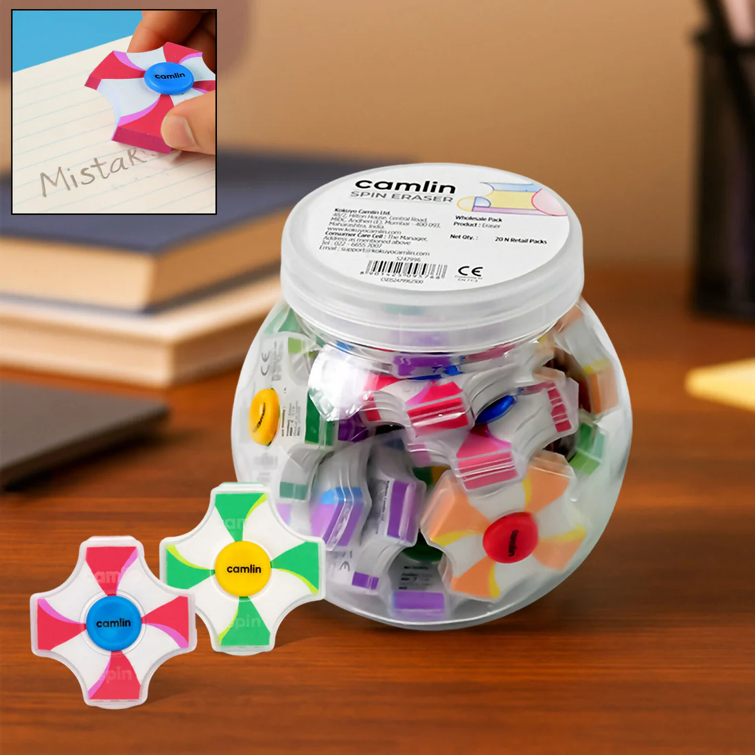 Spin Eraser Pack of 20 – Smooth & Colorful Erasers for School