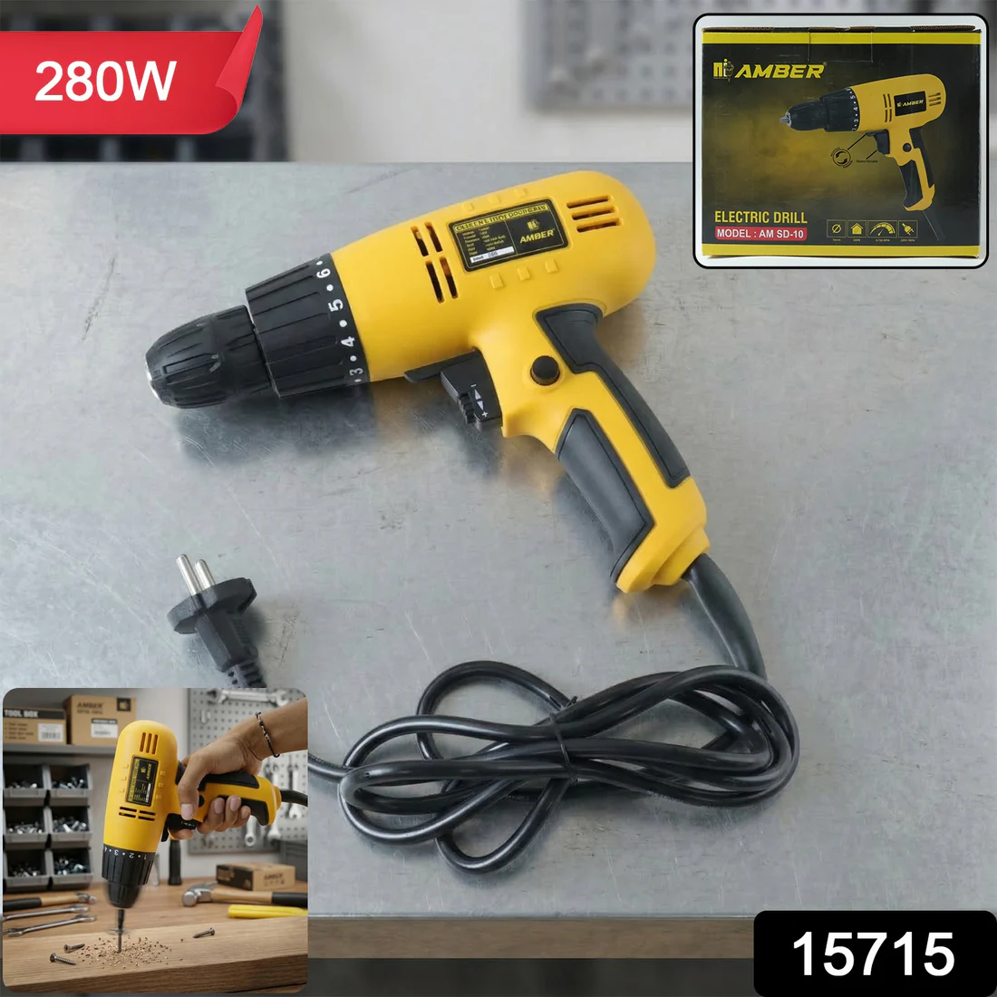 The electric drill machine 280W is a compact and powerful handheld tool designed for efficient drilling and fastening across various materials.