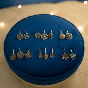 Oxidized Silver Nose Pins – Traditional Floral Combo Pack of 15