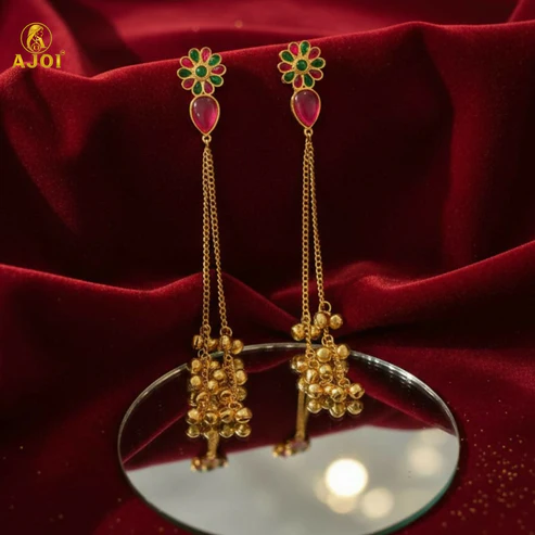 Kashmiri Gold Plated Long Chain Drop Earrings – Elegant Red & Green Stones