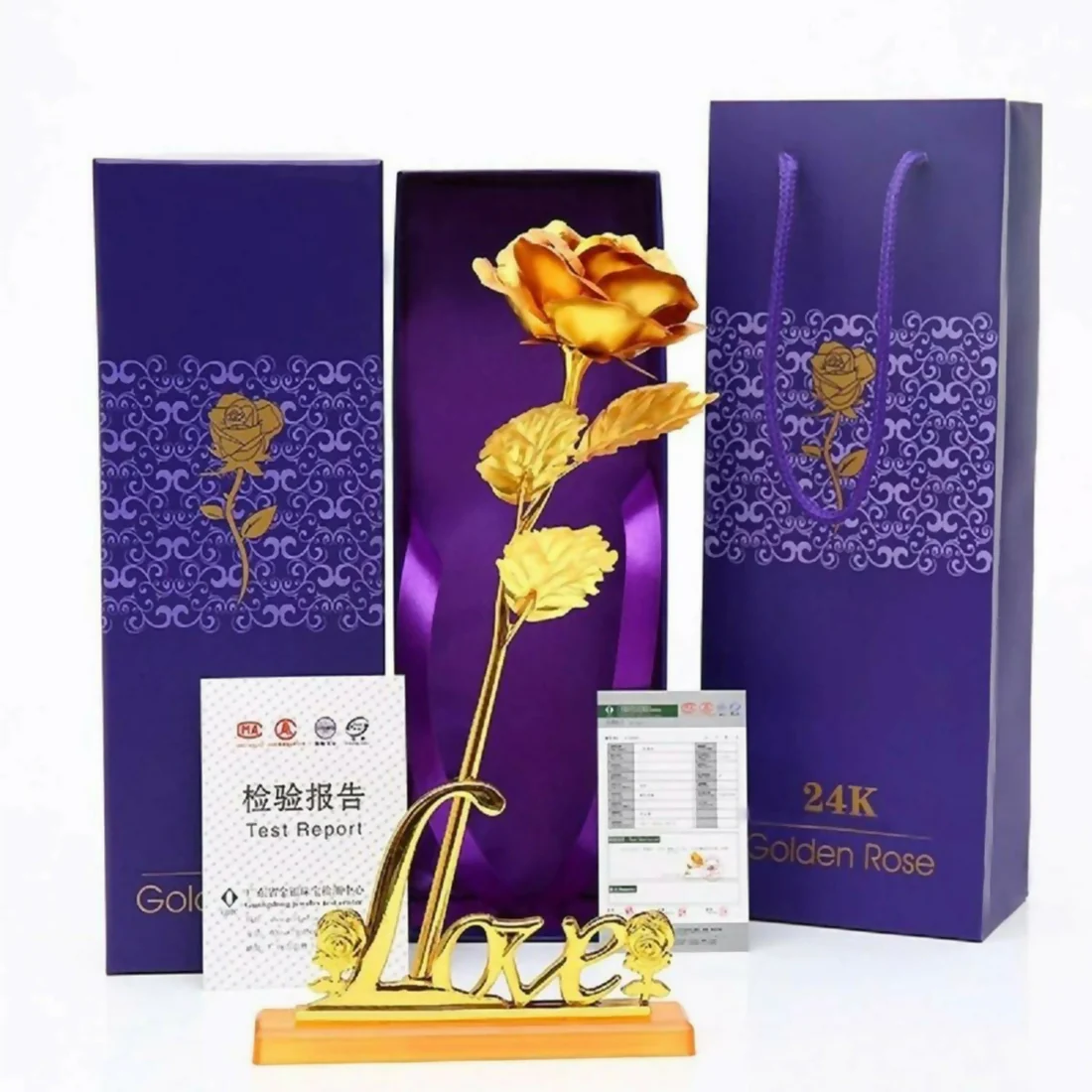 Golden Rose Showpiece – 24K Gold Foil Artificial Rose with Love Stand - Image 4