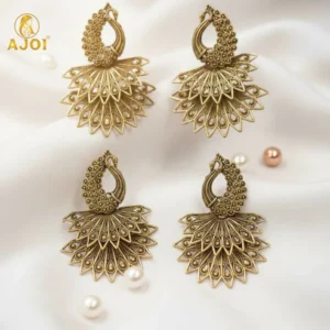 Set includes 2 exquisite peacock design earrings Antique gold finish with detailed layered fan and feather motifs Lightweight design ensures comfortable all-day wear Ideal accessory for weddings, festivals, and ethnic ceremonies Complements sarees, lehengas, and traditional Indian attire Secure push-back closures for easy and safe fastening A timeless addition to elevate your ethnic jewelry collection FAQ Q1: What occasions are these peacock antique gold earrings suited for? A: These earrings are perfect for weddings, festive events, and traditional ceremonies to add a regal touch. Q2: Are these earrings comfortable for extended wear? A: Yes, designed to be lightweight and comfortable for all-day wear. Q3: What type of closure do these earrings have? A: They feature secure push-back closures for ease of use and safety. Q4: Can these earrings be paired with modern outfits? A: While crafted for ethnic wear, these earrings can enhance fusion and contemporary styles as well. Q5: Are these earrings hypoallergenic? A: They are designed for comfort, but for sensitive ears please check material details before use. Country Of Origin :- India