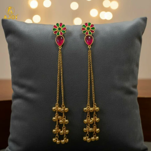 Kashmiri Gold Plated Long Chain Drop Earrings – Elegant Red & Green Stones