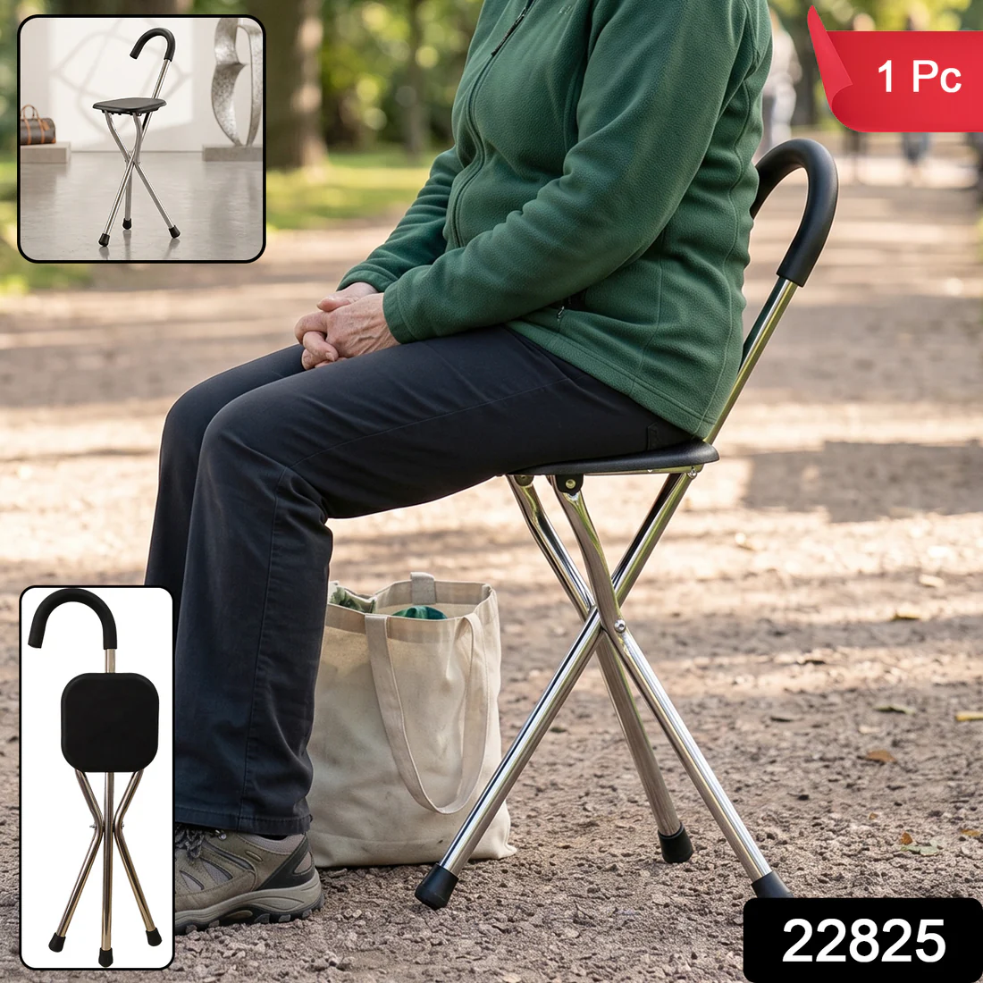 Folding Walking Stick with Seat 3 Leg Cane Stool Chair Support Stand (1 Pc) - Image 3