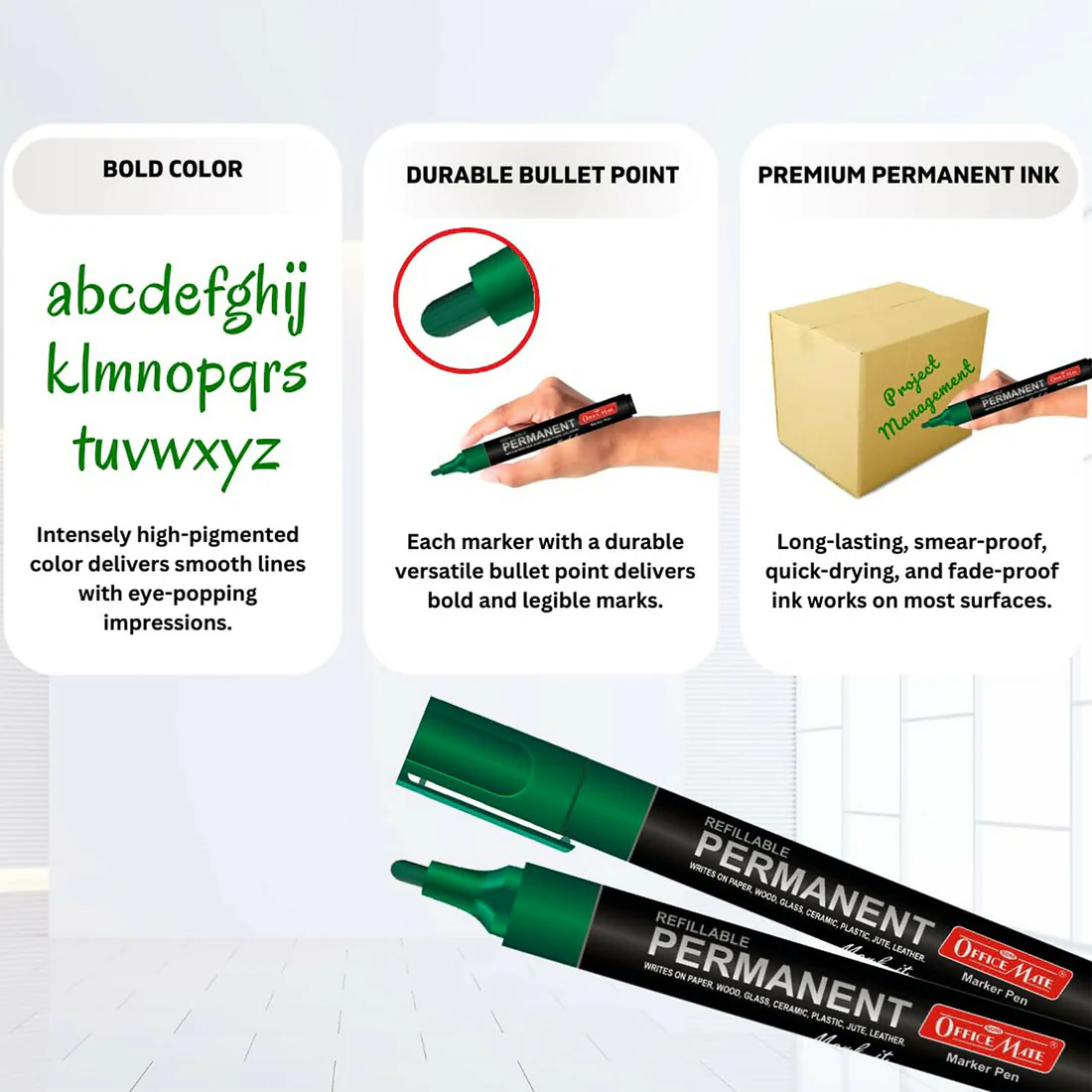 Green Permanent Marker Pen – Refillable, Bold Ink 10 Pack