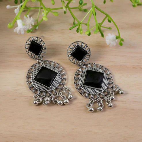 Oxidized Silver Earrings – Vintage Charm Black Stone Design