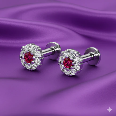 Ruby Floral Halo Nose Pin – Silver-Plated Comfortable Labret Stud