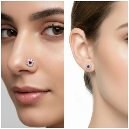 Ruby Floral Halo Nose Pin – Silver-Plated Comfortable Labret Stud - Image 3