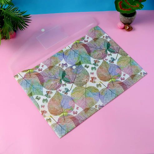 Printed A4 Document Folder – Leaf Design with Button Closure