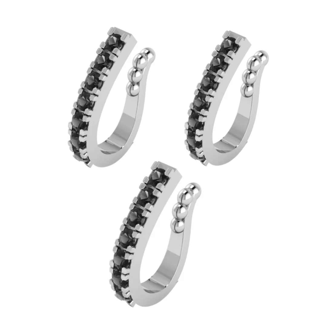 Black Stone Nose Cuff – Non-Pierced Silver Clip-On Set of 3