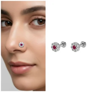 Ruby Floral Halo Nose Pin – Silver-Plated Comfortable Labret Stud