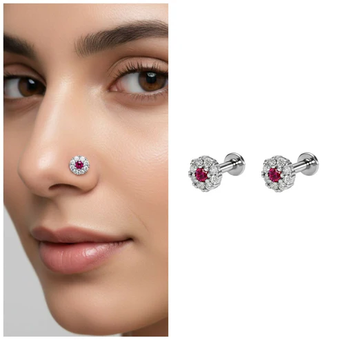 Ruby Floral Halo Nose Pin – Silver-Plated Comfortable Labret Stud